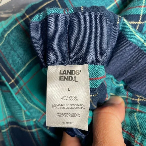 Lands End Womens Teal Navy Blue Plaid Flannel Pajama Set Cotton Size L - Picture 8 of 8